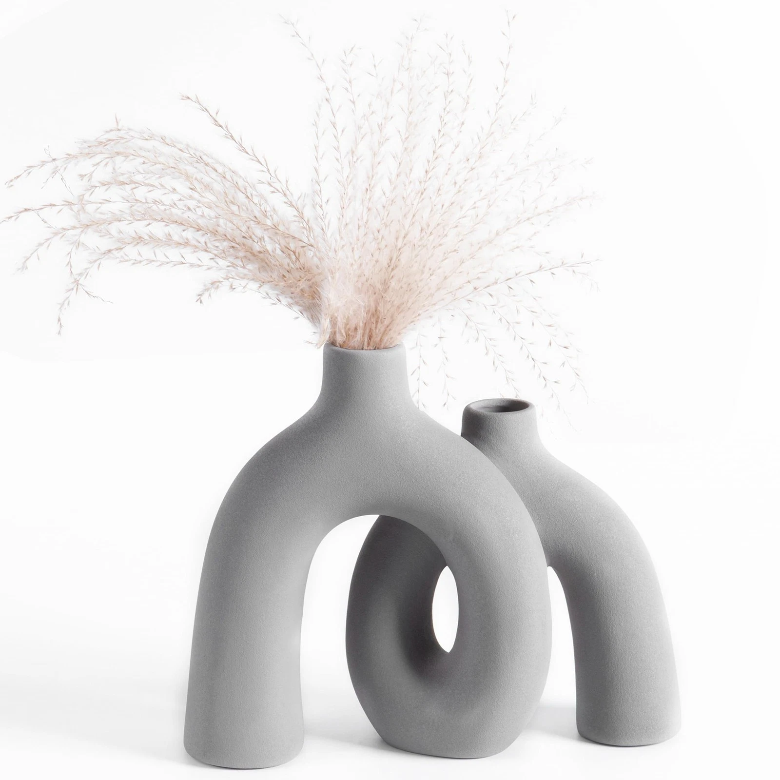 Ceramic Hug Vase (Soft Gray) Modern Donut Style Hugging Vases for Flowers Min...