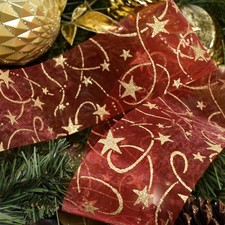 20 yards Stars Gold Glitter Christmas Red Sheer Cut Edge Ribbon 2.75" Wide