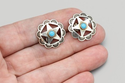 Sterling Silver Teal Star Earrings, Concho Floral Stud Earrings With Turquoise