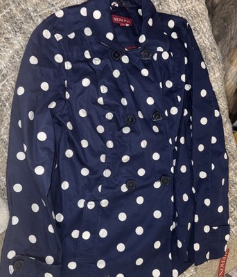 MERONA Jacket Women's Size L Water Repellent Pea Coat Blue white polka dots