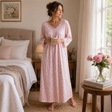 100 Cotton Long Floral Nightgown M Lace Trim Summer Country Modest Sleepwear