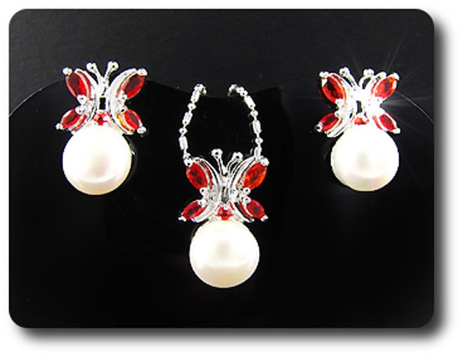 Parure perle & rubis 3x9 mm plaqué or blanc 18 carats pour femme | Bijoux minéraux