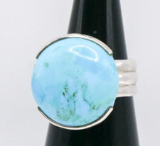 Sterling Silver 925 TGGC Blue Turquoise Cabochon Wide Band Sz 8.5 Chunky Ring