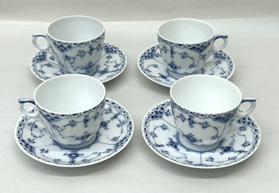 Set of 4 Royal Copenhagen Blue Fluted Half Lace Cup & Saucer #756 1st Quality