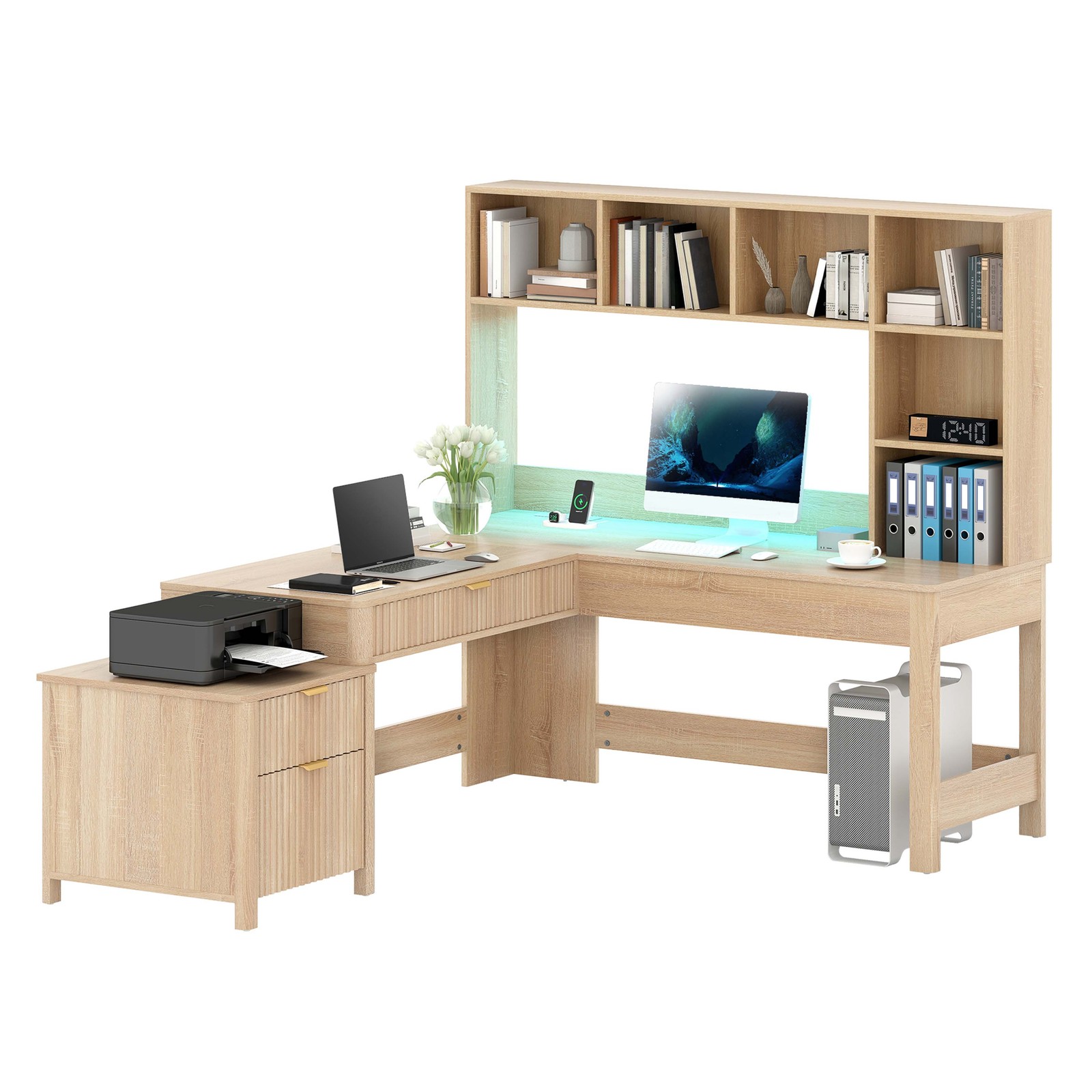 L Shaped Desk 67 inche Computer Desk Gaming Desk with Hutch & Drawers LED Lights