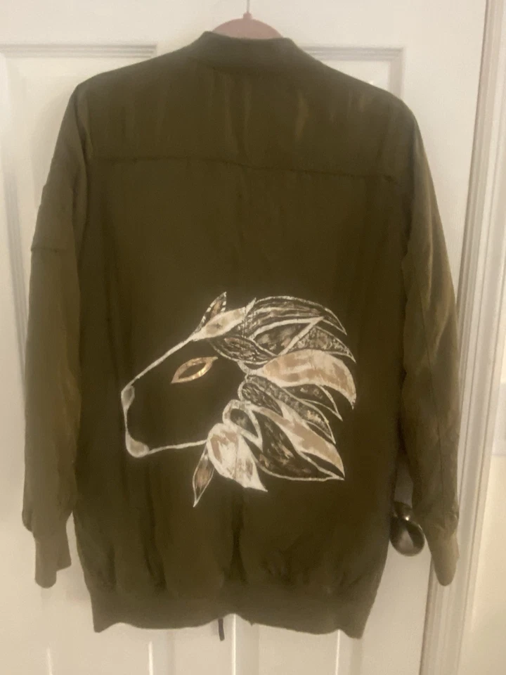 Atmosphere Khaki Long Bomber Jacket With Pockets Size 8 W/ Hand Painted Horse - Image 2 of 4