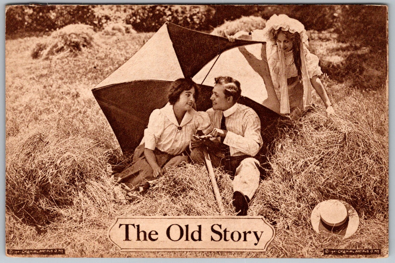 Antique Postcard Couple Under Umbrella 1910s