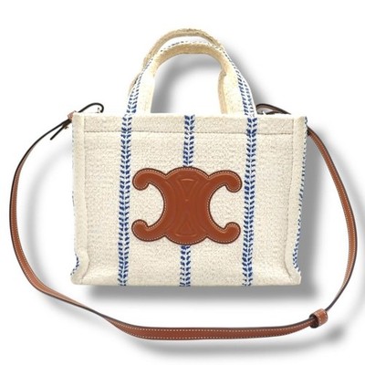 CELINE Small Cabas Thais 2Way Tote Bag White Blue Brown Canvas