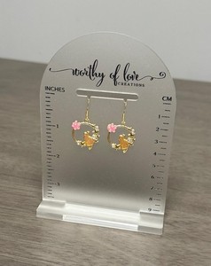 Authentic Gold Kitty Earrings With Pink Flowers, 18K Gold Plated Earring Hooks