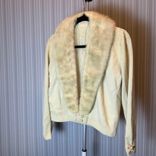 Vtg 1950 Vintage Dalton Cashmere Mink Collar Cream Sweater Cardigan Small