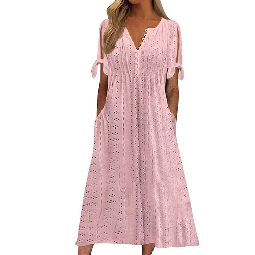 Women Summer V Neck Button Tie Short Sleeve Dress Eyelet Embroidery Solid Dress - Picture 2 of 38