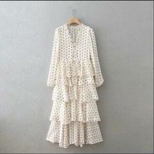 Puff Sleeve Lace up Slim Fit Long Dress Spring Womens Pleated V-Neck D422