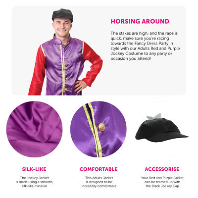 jockey silks fancy dress MEN'S JOCKEY 2 PIECE PURPLE & RED JACKET COSTUME HORSE RIDER RACING FANCY  DRESS
