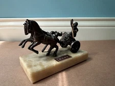 Vintage Gladiator Roman Warrior With Chariot And Horses Copper Metal On Marble 