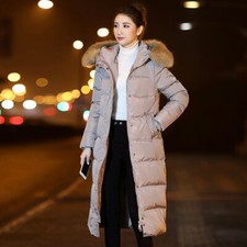 Women Long Duck Down Coat Winter Warm Slim Fit Fur Collar Hooded Jackets Parka Q