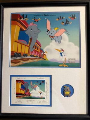 Disney Animation Art Gallery Dumbo Flying Elephant Crows Pin & Signed Framed Cel
