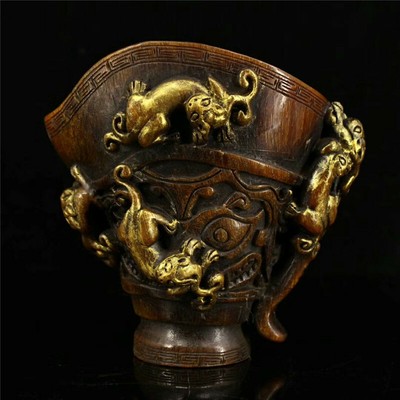 5.12/" Folk collection ox horn Hand carved Chilong Dragon ox horn cup wine cup