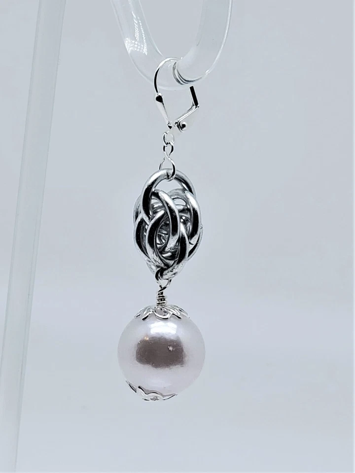 White acrylic pearl, anodized aluminum, dangle earrings silver plated components - Image 3 of 4