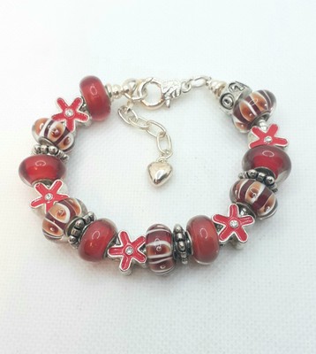 Red Euro 7'' Bracelet 20 New Old Stock 10 Glass/5 Enameled/4 Spacer/1 Clip Bead 