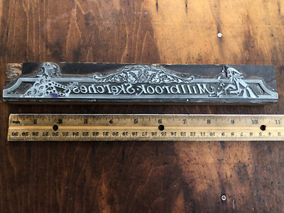 Long Antique letterpress PRINTING BLOCK Millbrook Skerches Fair w/ court Jesture