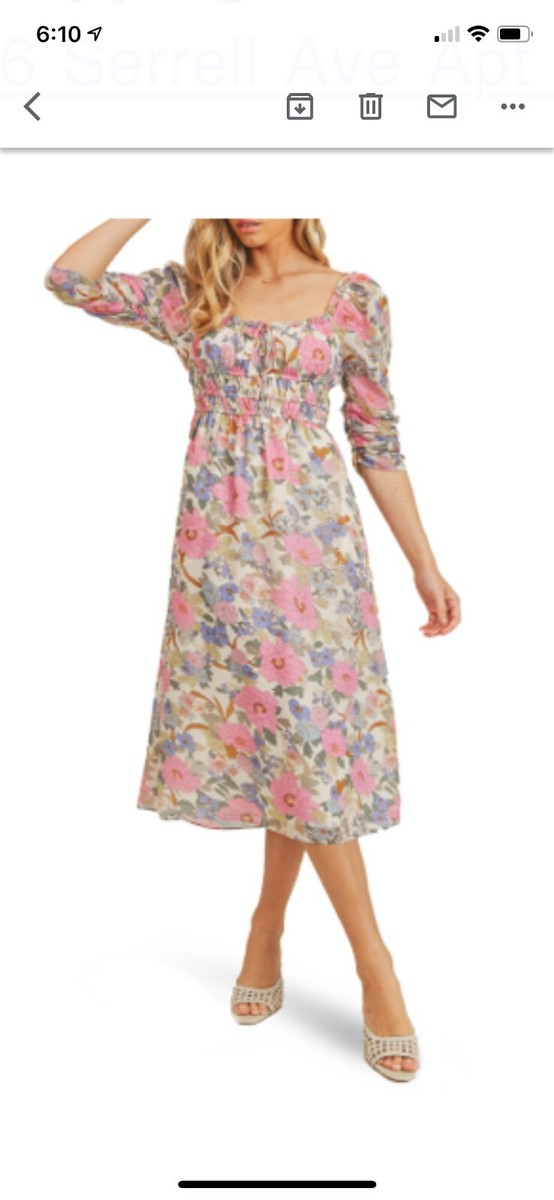 lush empire waist pleated midi dress Lush 1/2 Sleeve Vintage Print Empire Waist Midi Dress in Cream-Pink-Blue at Nordstrom Rack, Size Small