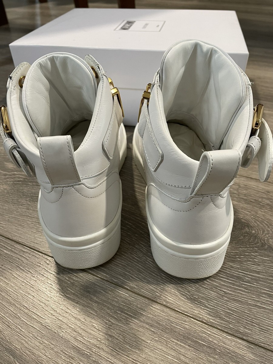 Moschino Logo White Leather High Top Sneakers Size 6 Gold