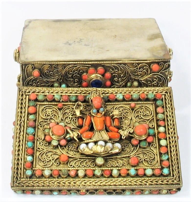 Joya Tibetana Incrustada Caja Dorada Buda Sentado Oro Lavado Antiguo GRAN REGALO Foto 4 de 4