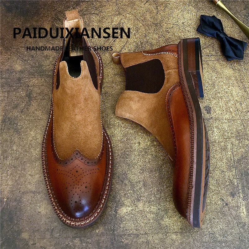 Botas Chelsea británicas de cuero de gamuza real talladas con punta de ala para hombre calzado de negocios Foto 2 de 4