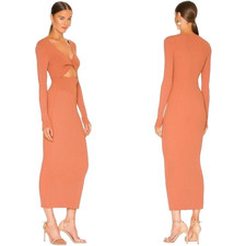 NEW A.L.C. Women's Midi Dress Size XL Orange Ribbed Knit V-Neck Long Sleeve ALC