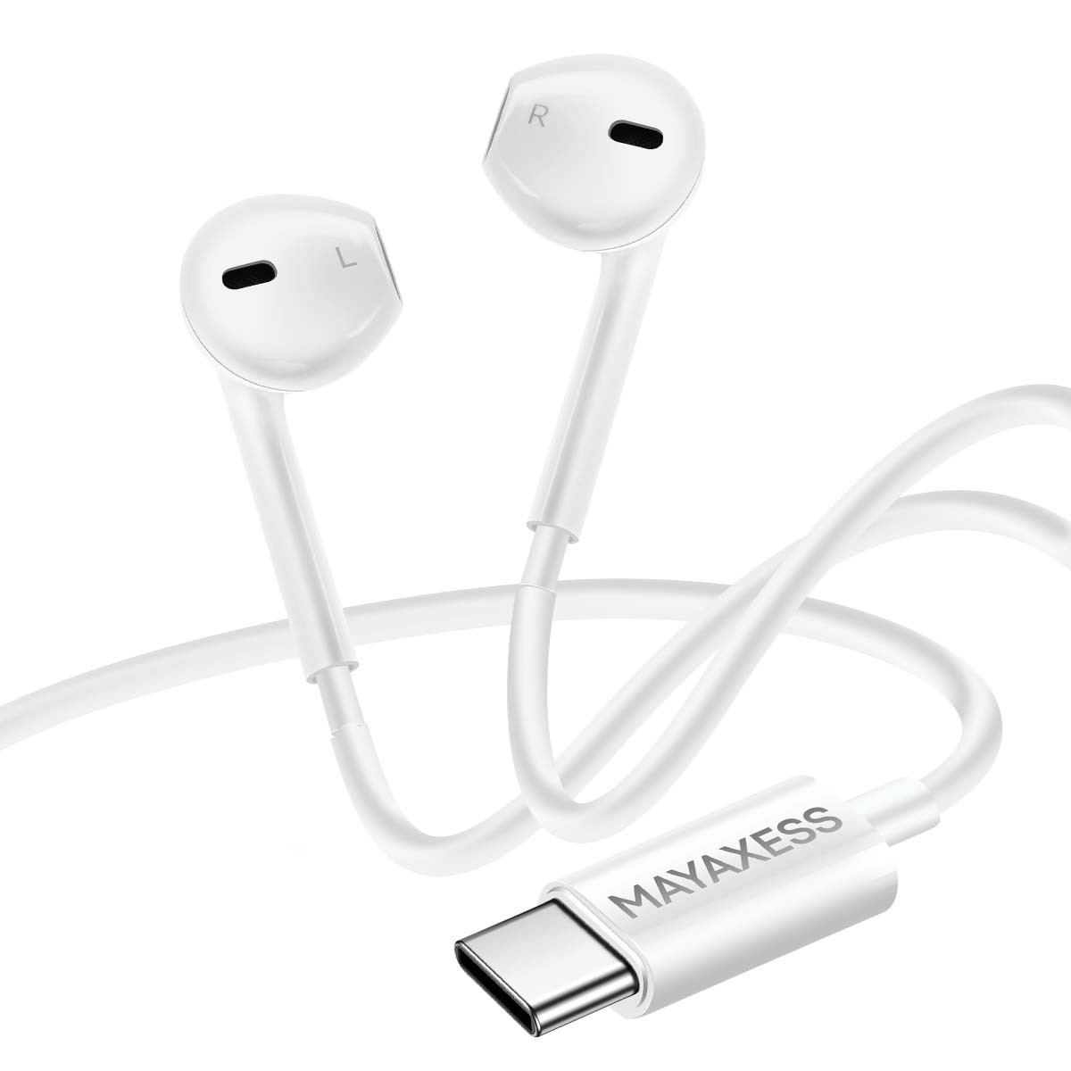 Écouteurs USB-C pour iPhone 17 audio haute fidélité et microphone Mayaxess blanc