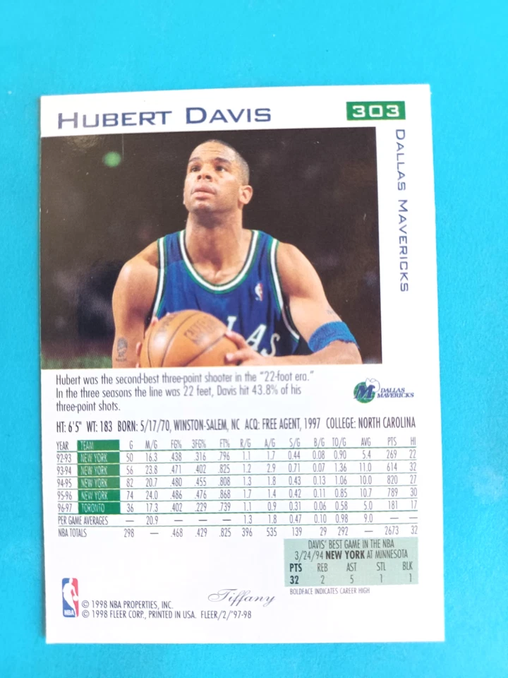 1997-98 FLEER TRADITIONS HUBERT DAVIS #303 TIFFANY PARALLEL DALLAS MAVERICKS - Image 3 of 3