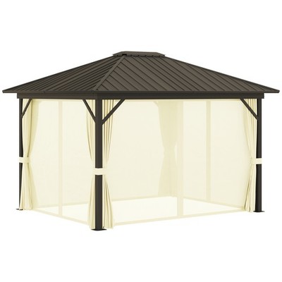 10' x 12' Cream Hardtop Gazebo, Mesh, Curtains, Steel Roof, Aluminum Frame