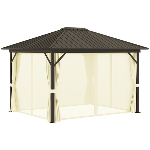 10' x 12' Cream Hardtop Gazebo, Mesh, Curtains, Steel Roof, Aluminum Frame