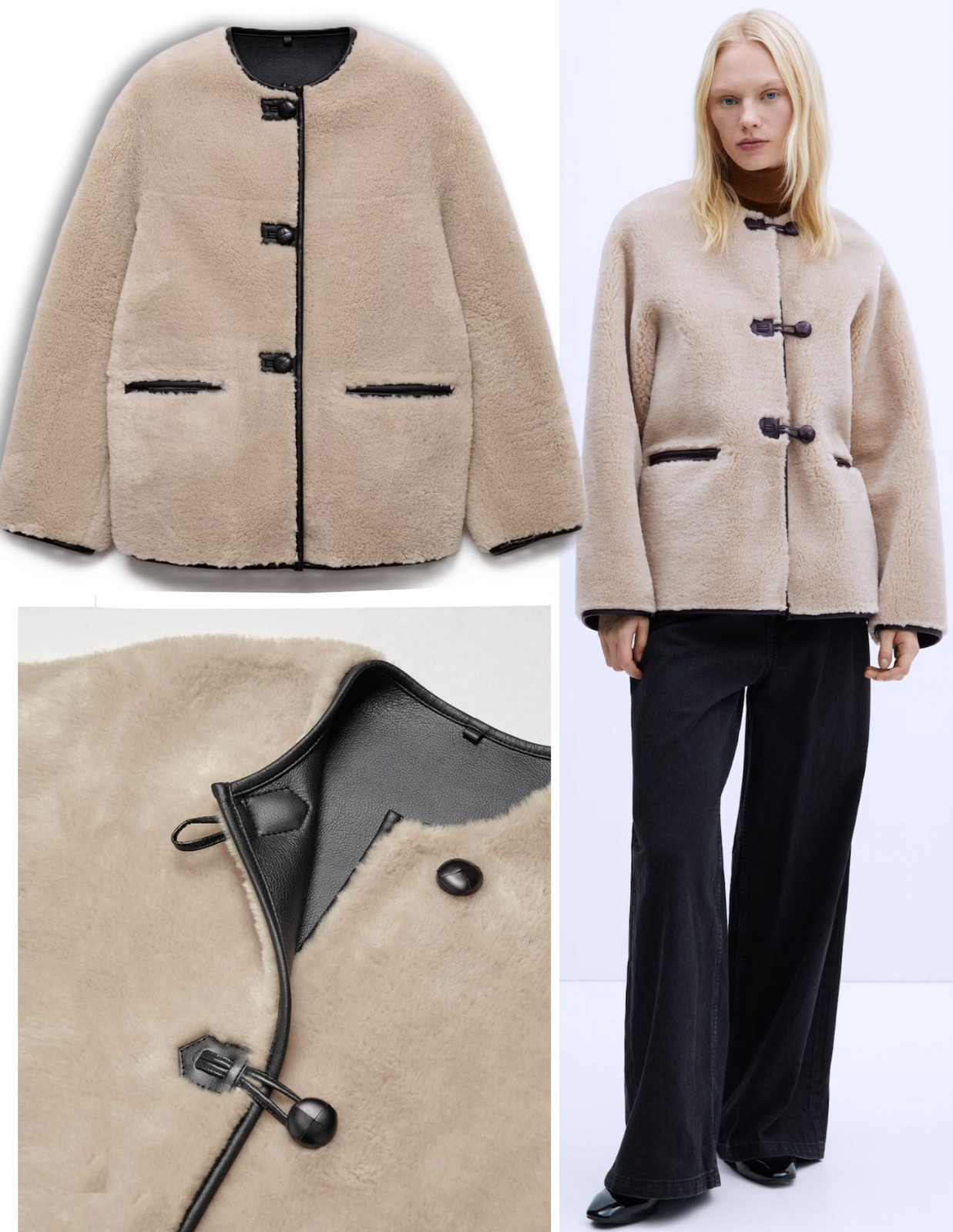 NWOT MANGO MNG sz S Leather Trimmed Faux Shearling Jacket SOLD OUT VIRAL COAT