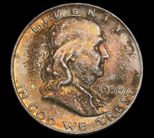 1958 D Franklin Half Dollar PCGS MS65 CAC OGH Rattler Great Toning Rainbow Toned - Picture 4 of 8