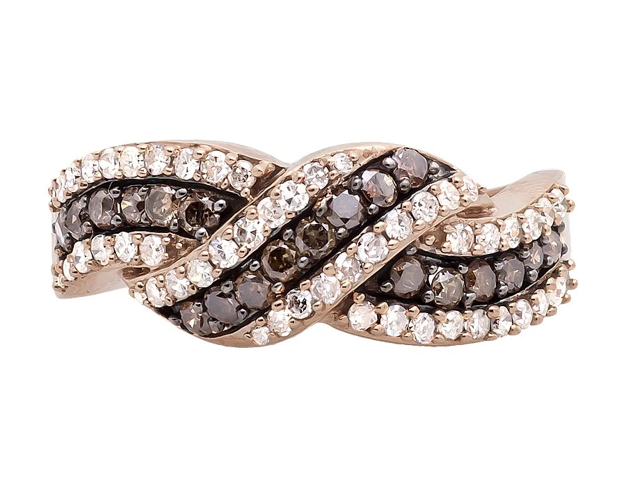 10K Rose Gold Swirl Ribbon Cognac Brown and White Diamond Wedding Band 0.75ct - Image 4 of 4