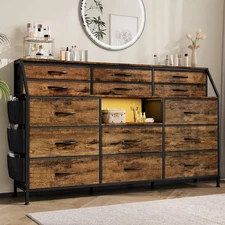 Dresser TV Stand 14 Drawer for Bedroom Dresser Metal Frame Wood Top Open Shelf
