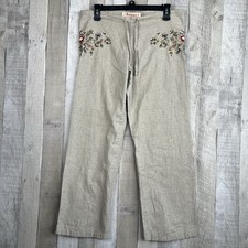 Vintage 90s Bongo Women's Small Beige Linen Blend Embroidered Floral Pants Y2K