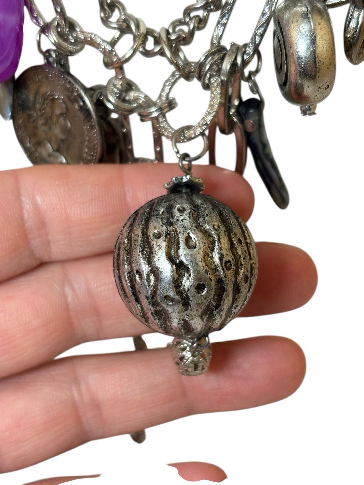 Statement Charm Necklace Silver Tone Multi Bead C… - image 10