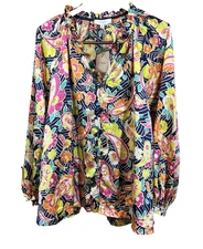 Umgee USA Multicolor Floral Satin Colorful Peasant Blouse Size 1X Relaxed Flowy