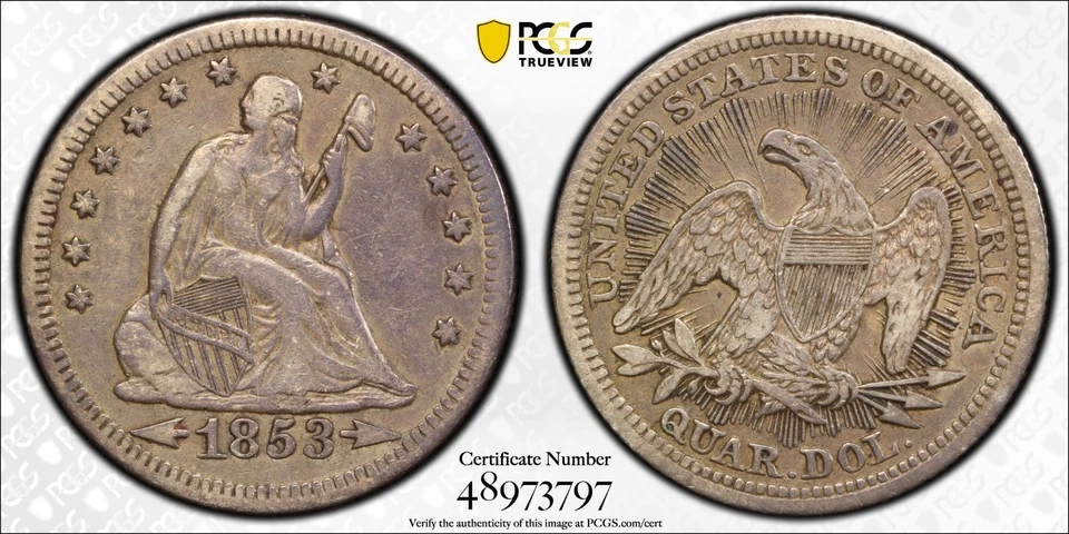 1853 Seated Liberty Quarter PCGS VF25 ARROWS & RAYS - Image 2 of 2