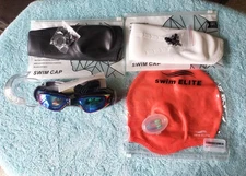 NEW (3) Adult Swim Caps with Nose Clips and Ear Plugs, and (1) pair of Goggles