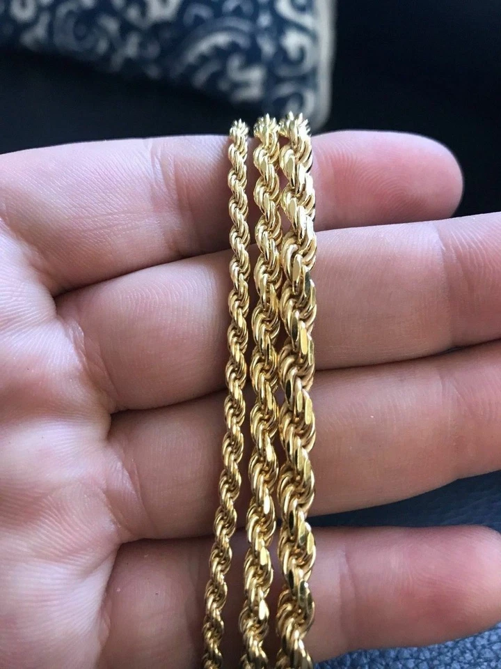 Cadena de cuerda de plata 925 maciza real chapada en oro de 14K para hombre HECHA EN ITALIA 20-30" 3-5 mm Foto 2 de 4