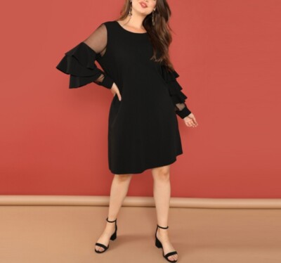 Midi Dress Black Ruffle Dress Plus Size Plus Size Black Bardot Frill Dress WOMEN PLUS SIZE BARDOT RUFFLE HEM BLACK  MIDI DRESS ONE SIZE PLUS