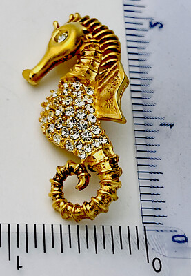 Erwin Pearl Vintage Signed  Gold Tone 38 Crystal Seahorse Pin Brooch