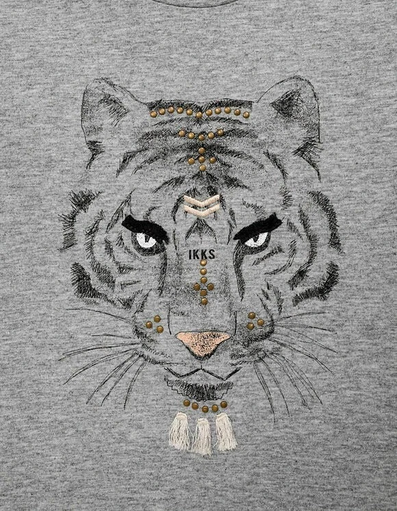 IKKS JUNIOR Girls Grey Printed Long Sleeve T-Shirt Age 9-10 Tiger Studded RRP£32 - Image 2 of 4