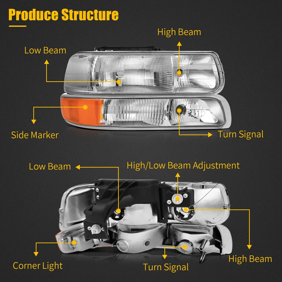 Headlights For 99-02 Chevy Silverado 00-06 Suburban Tahoe +Bumper Lamp Set - Image 2 of 4
