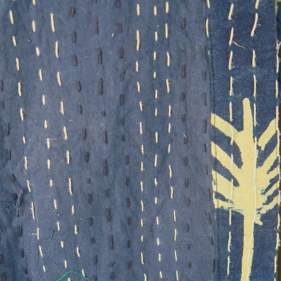 Faja manga algodón hecha a mano estilo Kantha kimono 2 bolsillos mujer L - XL azul Foto 4 de 4