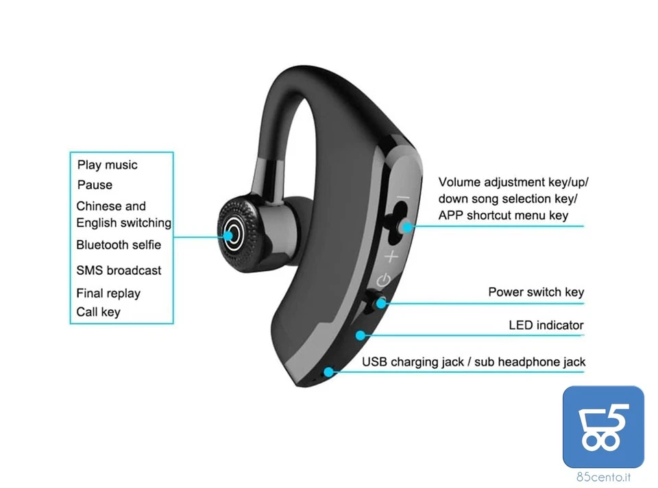 Auricolare Bluetooth Wireless Mono Microfono HD CVC8.0 Riduzione Rumore DX o SX - Immagine 3 di 4