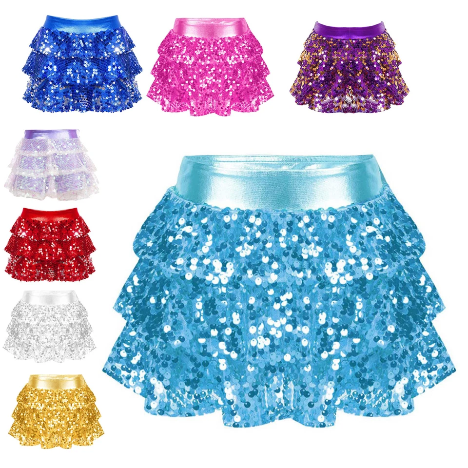 Girl's Kids Sequins Skirted Shorts Sparkly Ruffle Layers Skirt Hip Hop Dance UK - Image 3 of 3